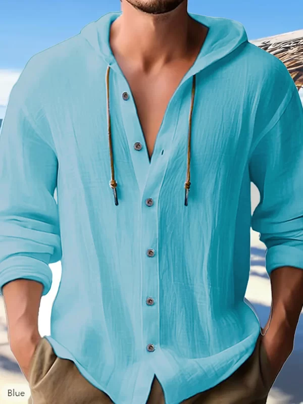 Summer Men's Linen Shirt Solid Streetwear Long Sleeve Hoodie Cardigan Clothing For Men Button Tops Casual Loose Men Hooded Shirt - Image 8