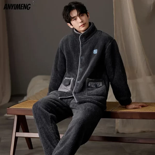 New Flannel Pajamas for Men Winter Thick Velvet Cardigan Pajama Sets Lapel Zipper Homewear Soft Warm Nightwear Man Pyjamas - Image 6