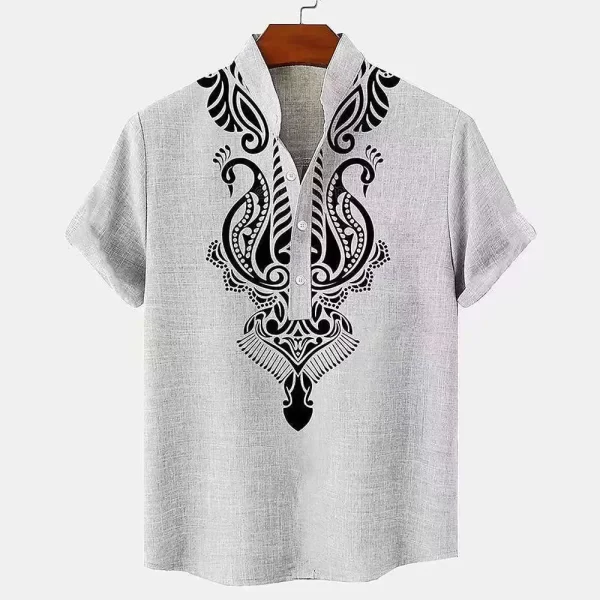 Men's Tops Pullover Linen Men's Tribal Totem Short Sleeve Shirt Half Cardigan Button Stand Collar New Shirt Linen Men's Tops - Image 11