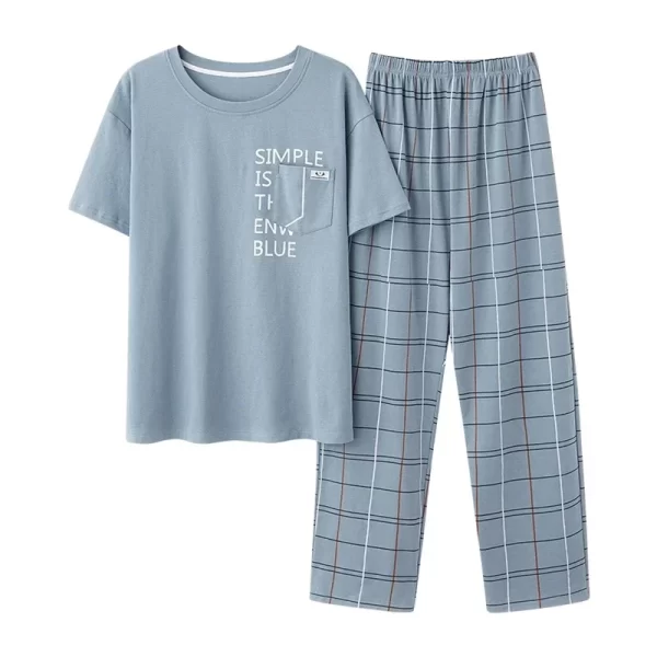 New Summer Fashion Men's Sleepwear Soft Cotton Pajamas Set for Gentleman Round Collar Grey Plain Loose Loungewear for Young Man - Image 7