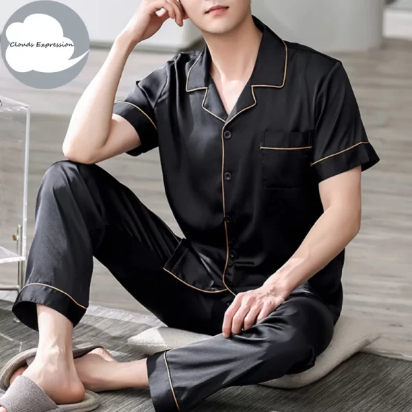 Summer 4XL Blue Loungewear Pyjamas imitate Silk Men's Pajama Sets Satin Pajama Male Sleepwear Pyjamas Nightwear Homewear Fashion - Image 4