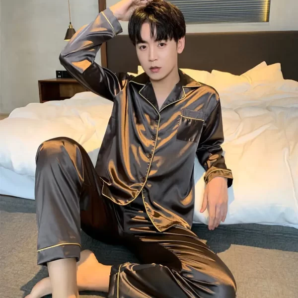 Men Pajama Sets Microfiber Sleepwear Sleeping Man Shirt Silk Long Sleeve Pyjama Male Home Wear Plus Size Loungewear Nightgown - Image 3