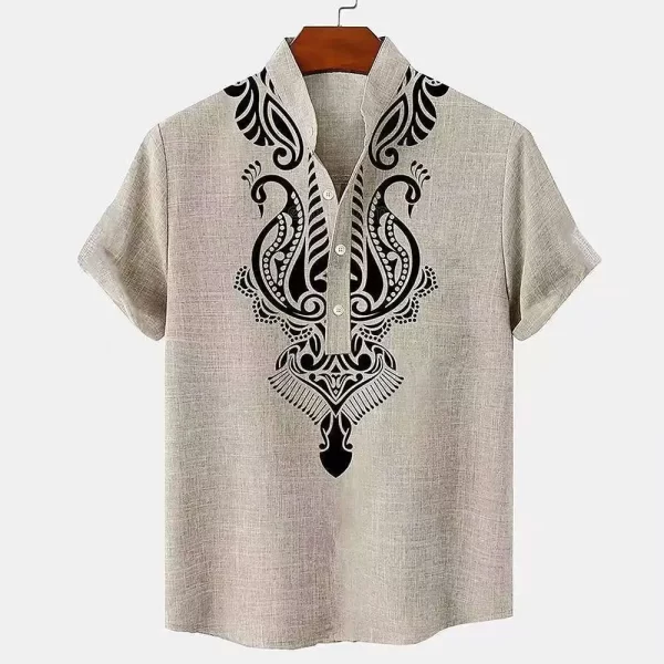 Men's Tops Pullover Linen Men's Tribal Totem Short Sleeve Shirt Half Cardigan Button Stand Collar New Shirt Linen Men's Tops - Image 10