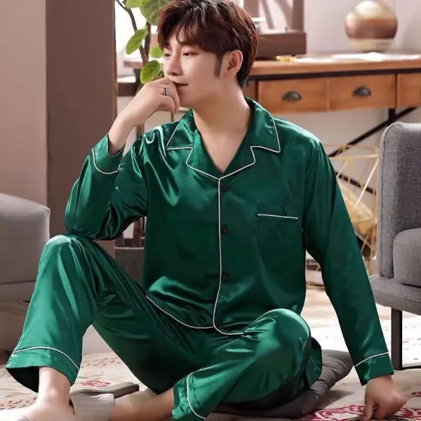 Men Pajama Sets Microfiber Sleepwear Sleeping Man Shirt Silk Long Sleeve Pyjama Male Home Wear Plus Size Loungewear Nightgown - Image 7