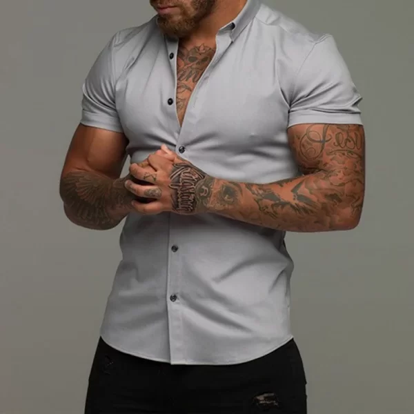 Men Slim Blouse Shirts Summer Casual Male Turn Down Collar Short Sleeve Button Tops LXDZ-110 - Image 3