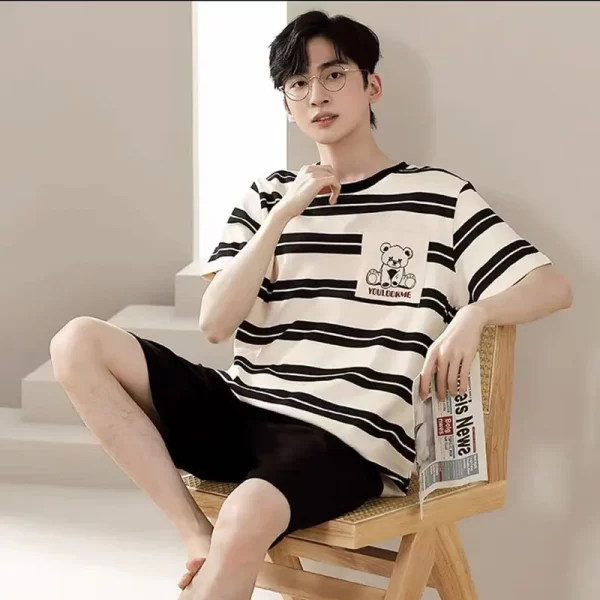 2 Piece Set Sleepwear Men Large Size Youth Pajamas Striped Bear Home Wear Man Nightwear Loungewear Comforts Breathable Casual - Image 7