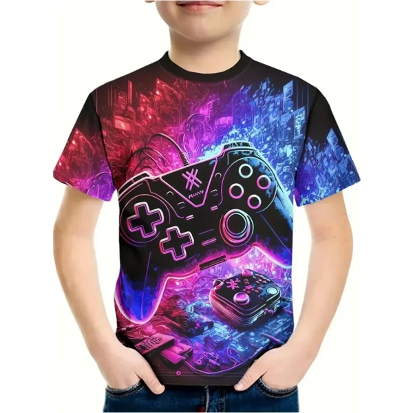 T-Shirt for a Boy 3D Print Gamepad Doodle Boy's T-Shirts Casual Round Neck Short Sleeves Tops Kids Summer Children's Clothing - Image 4