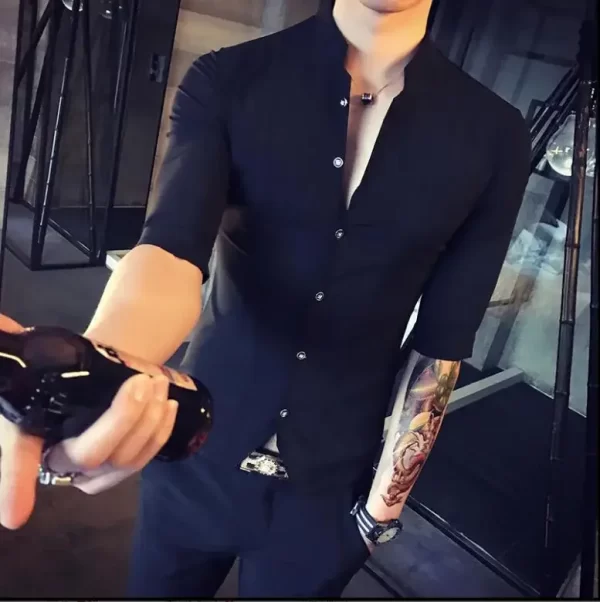 Men's Stand-up Collar Shirt 2024 Summer New Men's Fashion Slim Korean Half Sleeve High Quality Summer Short Sleeve Shirt - Image 4