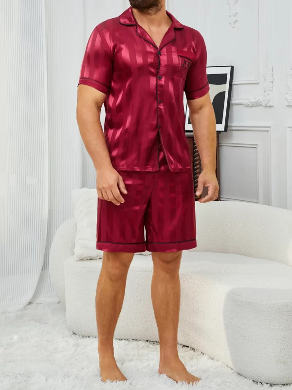 Men's Pajamas Set Summer Sleepwear Set Luxurious Satin Pajamas with Soft Comfortable Short Sleeve Button-Up Top & Shorts - Image 4