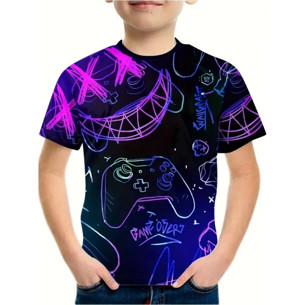 T-Shirt for a Boy 3D Print Gamepad Doodle Boy's T-Shirts Casual Round Neck Short Sleeves Tops Kids Summer Children's Clothing - Image 9