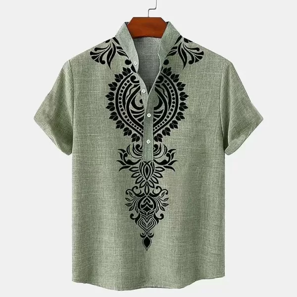 Men's Tops Pullover Linen Men's Tribal Totem Short Sleeve Shirt Half Cardigan Button Stand Collar New Shirt Linen Men's Tops - Image 8