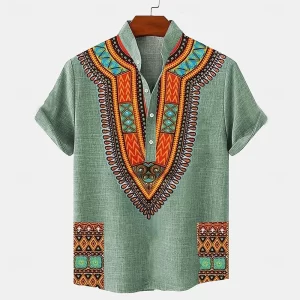 Men's Tops Pullover Linen Men's Tribal Totem Short Sleeve Shirt Half Cardigan Button Stand Collar New Shirt Linen Men's Tops