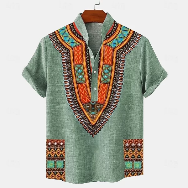 Men's Tops Pullover Linen Men's Tribal Totem Short Sleeve Shirt Half Cardigan Button Stand Collar New Shirt Linen Men's Tops
