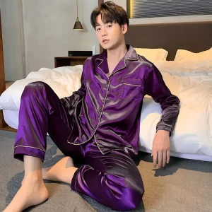 Men Pajama Sets Microfiber Sleepwear Sleeping Man Shirt Silk Long Sleeve Pyjama Male Home Wear Plus Size Loungewear Nightgown
