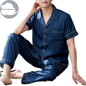Summer 4XL Blue Loungewear Pyjamas imitate Silk Men's Pajama Sets Satin Pajama Male Sleepwear Pyjamas Nightwear Homewear Fashion