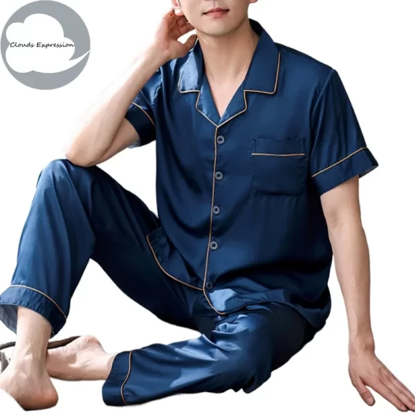 Summer 4XL Blue Loungewear Pyjamas imitate Silk Men's Pajama Sets Satin Pajama Male Sleepwear Pyjamas Nightwear Homewear Fashion