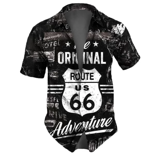 Washed Map Newspaper Style Men Shirts Route 66 Old Fashion Short Sleeve Shirt For Men Lapel Oversize Men Tops - Image 4