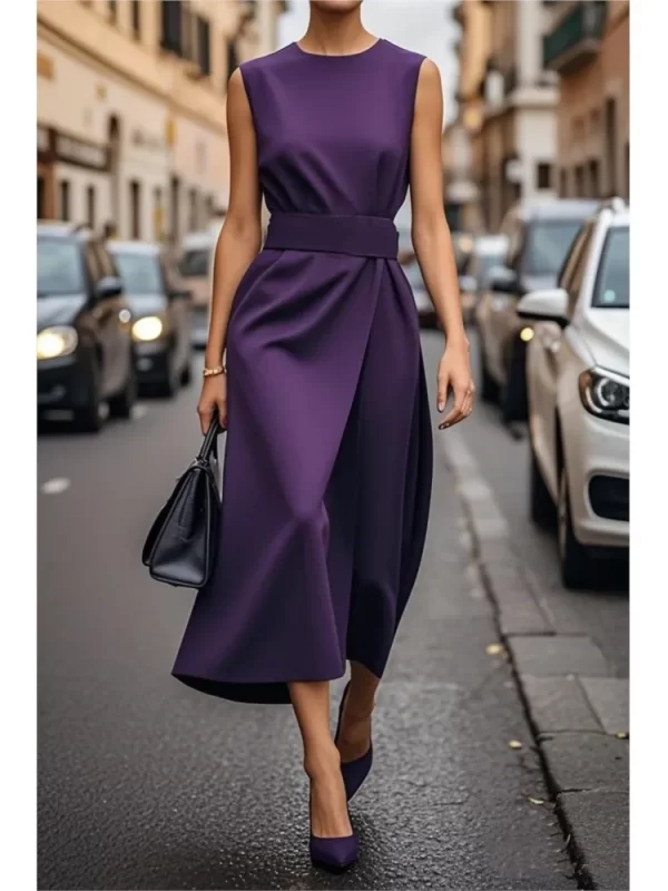 Summer Fashion Solid Color Long Dresses 2025 Woman Sexy Round Neck Sleeveless High Waist Dress Elegant Commuting Lady Dress - Image 5