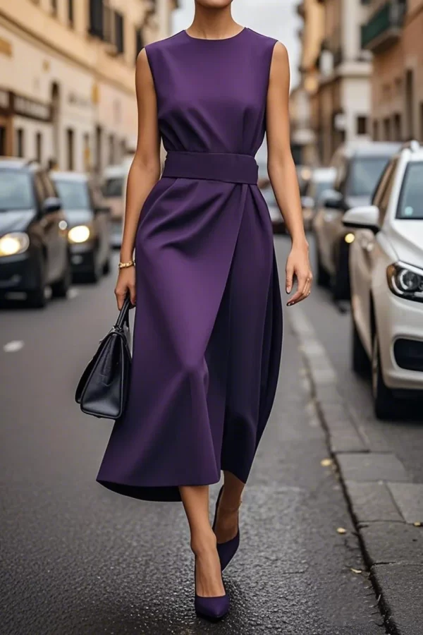 Summer Fashion Solid Color Long Dresses 2025 Woman Sexy Round Neck Sleeveless High Waist Dress Elegant Commuting Lady Dress - Image 10