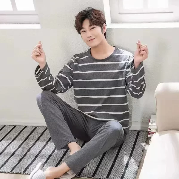 2PCS/Set Men's Pajamas Autumn Winter Long-Sleeved Fashion Soft Simple Casual Homewear Man Black Comfortable Striped Loungewear - Image 7