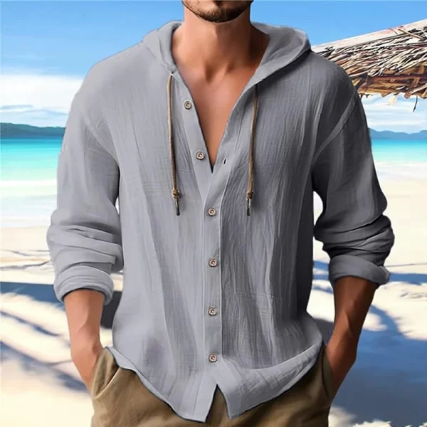 Summer Men's Linen Shirt Solid Streetwear Long Sleeve Hoodie Cardigan Clothing For Men Button Tops Casual Loose Men Hooded Shirt - Image 5