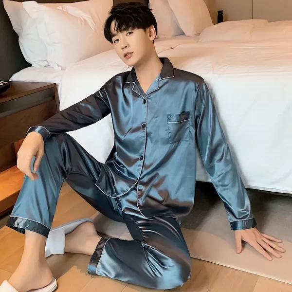 Men Pajama Sets Microfiber Sleepwear Sleeping Man Shirt Silk Long Sleeve Pyjama Male Home Wear Plus Size Loungewear Nightgown - Image 2