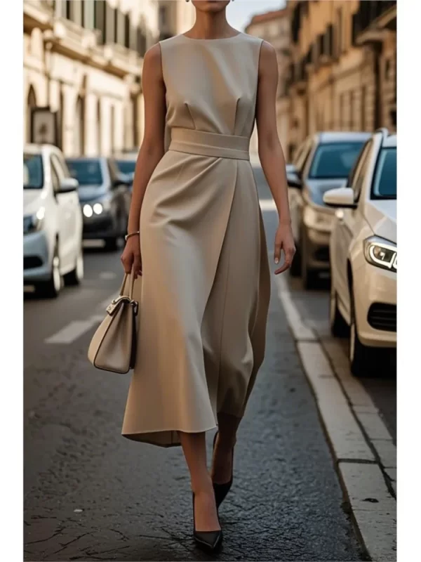 Summer Fashion Solid Color Long Dresses 2025 Woman Sexy Round Neck Sleeveless High Waist Dress Elegant Commuting Lady Dress - Image 4