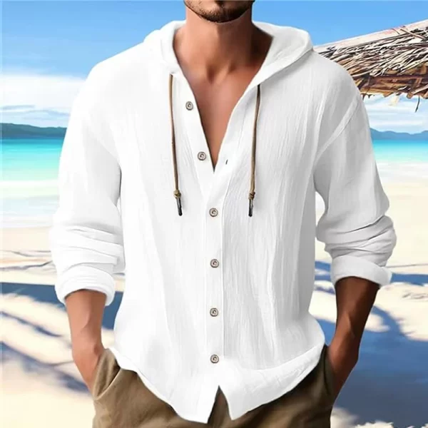 Summer Men's Linen Shirt Solid Streetwear Long Sleeve Hoodie Cardigan Clothing For Men Button Tops Casual Loose Men Hooded Shirt - Image 2