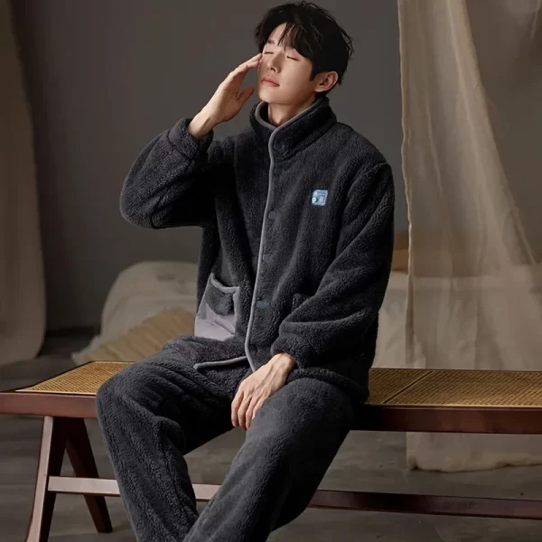 New Flannel Pajamas for Men Winter Thick Velvet Cardigan Pajama Sets Lapel Zipper Homewear Soft Warm Nightwear Man Pyjamas - Image 7