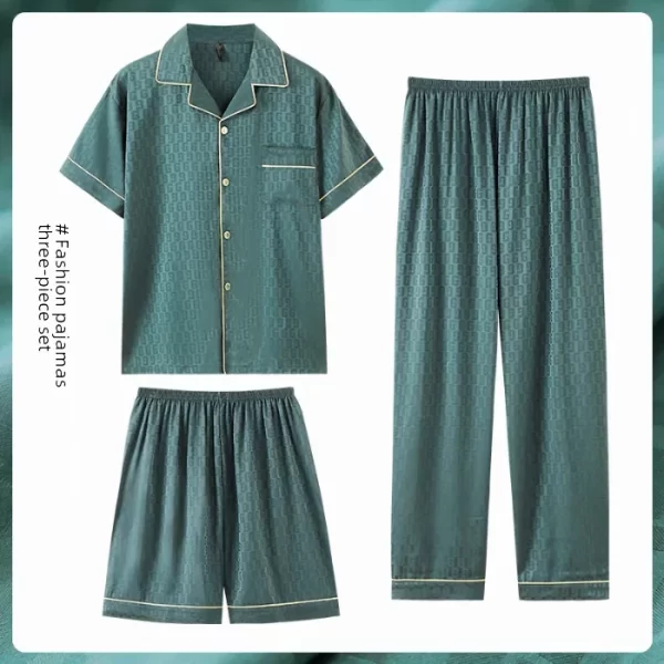 Summer Pajamas Men's Jacquard Ice Silk Short Sleeve Three-piece Set Casual Teenager Simulation Silk Home Wear Outerwear - Image 8