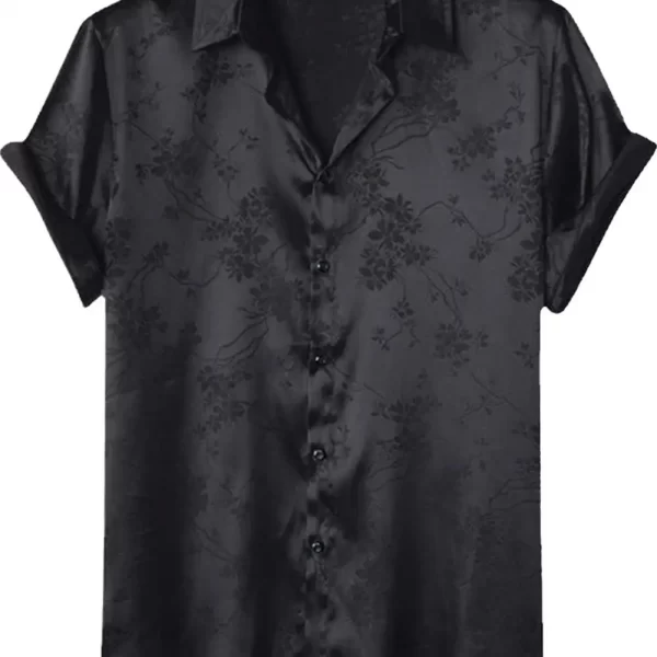 Summer Men Shirt Turn-down Collar Single-breasted Short Sleeve Loose Satin Applique Button Mid Length camisa para hombre - Image 5