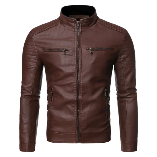 Men's Jacket solid Colors leather jackets male Stand Collar Motor Slim Multi Pockets jackets male Vintage Classic Leather Jacket - Image 8