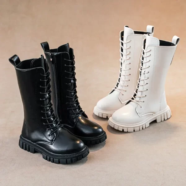 Autumn/Winter ZIP Fashion Cool Baby Girls Warm Square Heel Round Toe Casual Lace-Up Comfortable Kids Black Mid Boots - Image 6