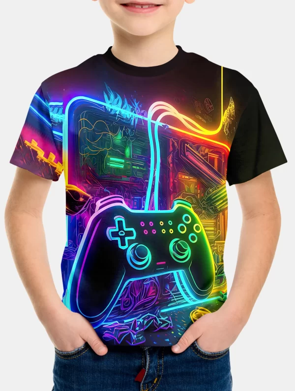 T-Shirt for a Boy 3D Print Gamepad Doodle Boy's T-Shirts Casual Round Neck Short Sleeves Tops Kids Summer Children's Clothing - Image 12