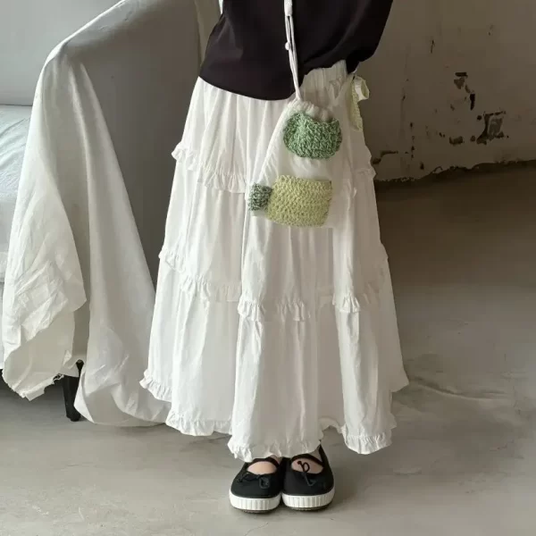 Skirt White Versatile Childrens Clothing Elastic Waist Simple Princess Fashion Summer New Solid Sweet Loose 2024