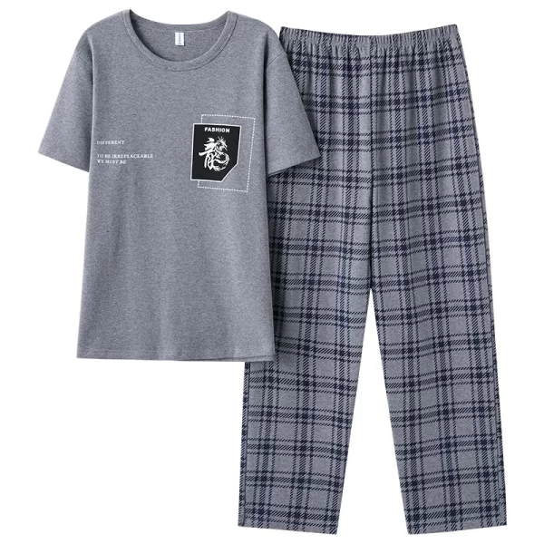 New Summer Fashion Men's Sleepwear Soft Cotton Pajamas Set for Gentleman Round Collar Grey Plain Loose Loungewear for Young Man - Image 2