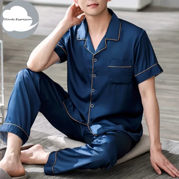 Summer 4XL Blue Loungewear Pyjamas imitate Silk Men's Pajama Sets Satin Pajama Male Sleepwear Pyjamas Nightwear Homewear Fashion - Image 7