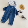 2024 Korean Spring Autunm Children Boys Onesie Cotton Denim Single Breasted Round Collar Jumpsuit Patched Pocket Pants Outfit - Image 6