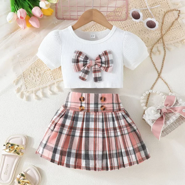 Puff Sleeve Bow Top and Elastic Pleated Skirt Summer Outfit Toddler Infant Clothing Set Kids Wear Ootd For Baby Girl - Image 7