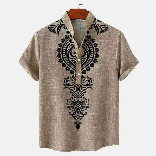 Men's Tops Pullover Linen Men's Tribal Totem Short Sleeve Shirt Half Cardigan Button Stand Collar New Shirt Linen Men's Tops - Image 9