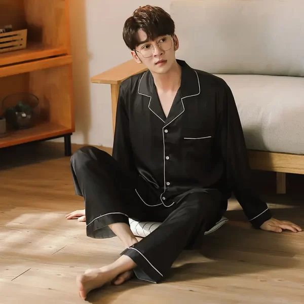 Men Pajama Sets Microfiber Sleepwear Sleeping Man Shirt Silk Long Sleeve Pyjama Male Home Wear Plus Size Loungewear Nightgown - Image 5