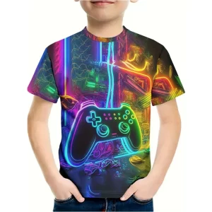 T-Shirt for a Boy 3D Print Gamepad Doodle Boy's T-Shirts Casual Round Neck Short Sleeves Tops Kids Summer Children's Clothing