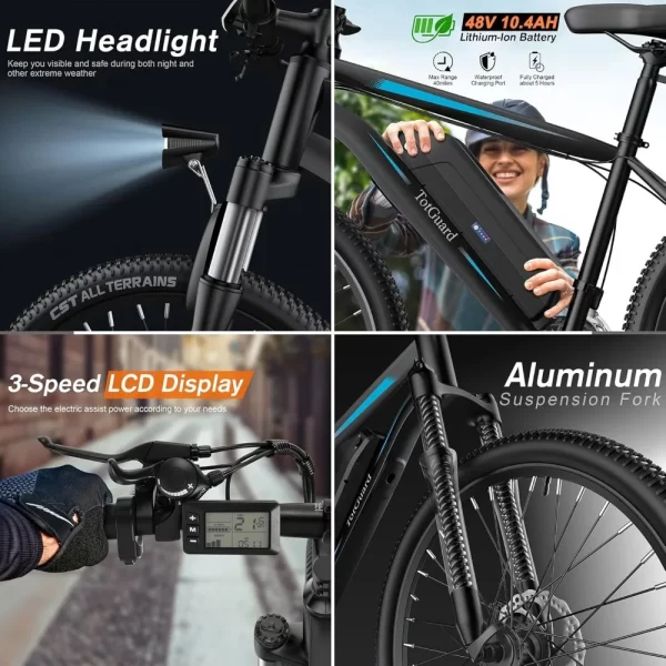 27.5" Electric Bike, 21.6MPH Electrics Bicycles Electric Mountain Bike, 48V 499WH Removable Lithium Battery, 21-Speed Gears - Image 4