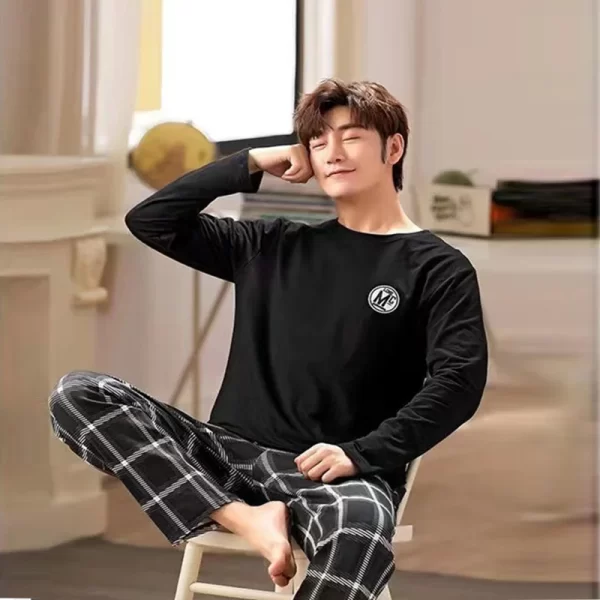 2PCS/Set Men's Pajamas Autumn Winter Long-Sleeved Fashion Soft Simple Casual Homewear Man Black Comfortable Striped Loungewear - Image 2