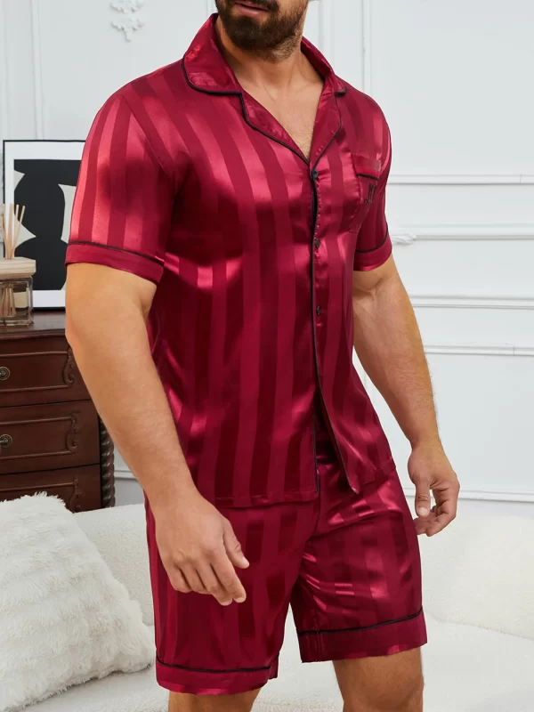 Men's Pajamas Set Summer Sleepwear Set Luxurious Satin Pajamas with Soft Comfortable Short Sleeve Button-Up Top & Shorts - Image 2