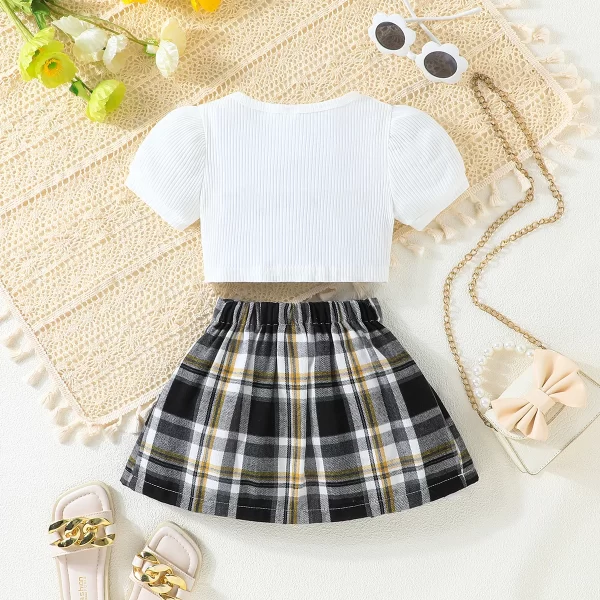 Puff Sleeve Bow Top and Elastic Pleated Skirt Summer Outfit Toddler Infant Clothing Set Kids Wear Ootd For Baby Girl - Image 2