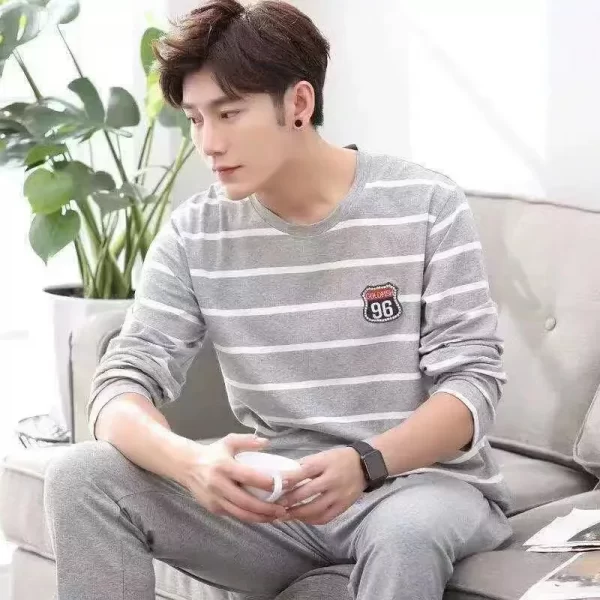 Men‘s Pajama Set Long Sleeve Black Striped Spring and Summer Youth Student Nightwear Loungewear Two Piece Set Sleepwear Homewear - Image 2