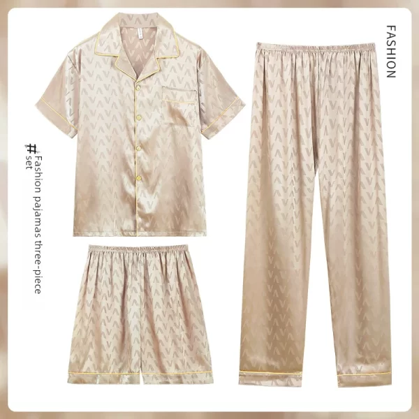 Summer Pajamas Men's Jacquard Ice Silk Short Sleeve Three-piece Set Casual Teenager Simulation Silk Home Wear Outerwear - Image 2