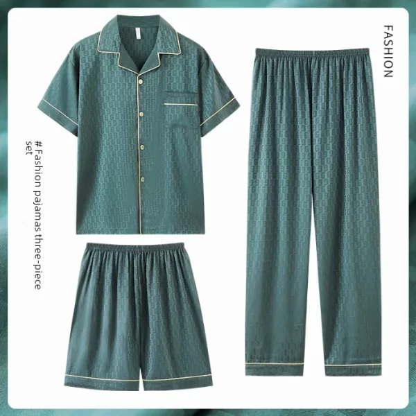 Summer Pajamas Men's Jacquard Ice Silk Short Sleeve Three-piece Set Casual Teenager Simulation Silk Home Wear Outerwear