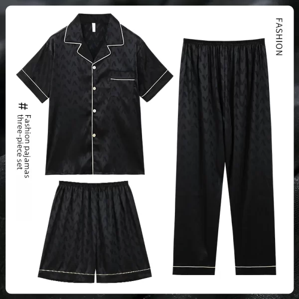 Summer Pajamas Men's Jacquard Ice Silk Short Sleeve Three-piece Set Casual Teenager Simulation Silk Home Wear Outerwear - Image 3